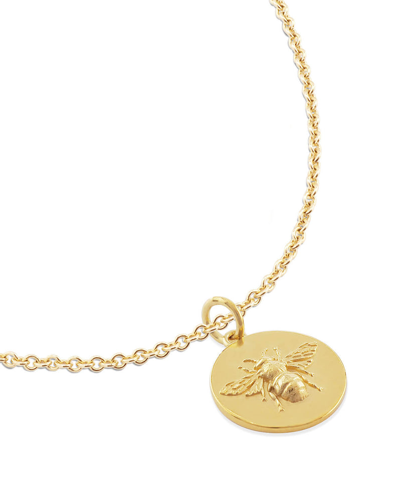 close up of 9ct yellow gold round coin style pendant with bumblebee motif
